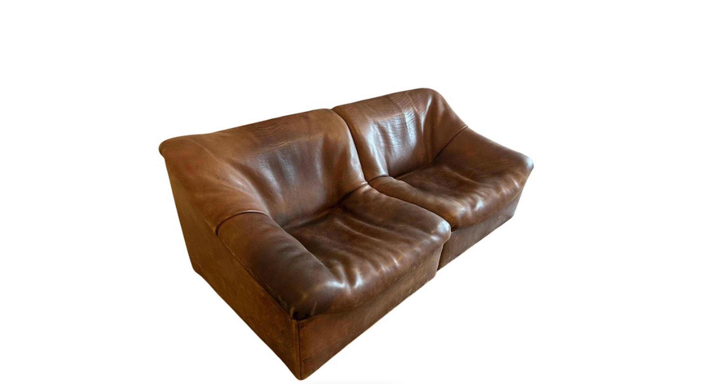 Mid-Century Modern Mid century De Sede Ds46 Loveseat Sofa Cognac Buffalo Leather Switzerland 1970s For Sale