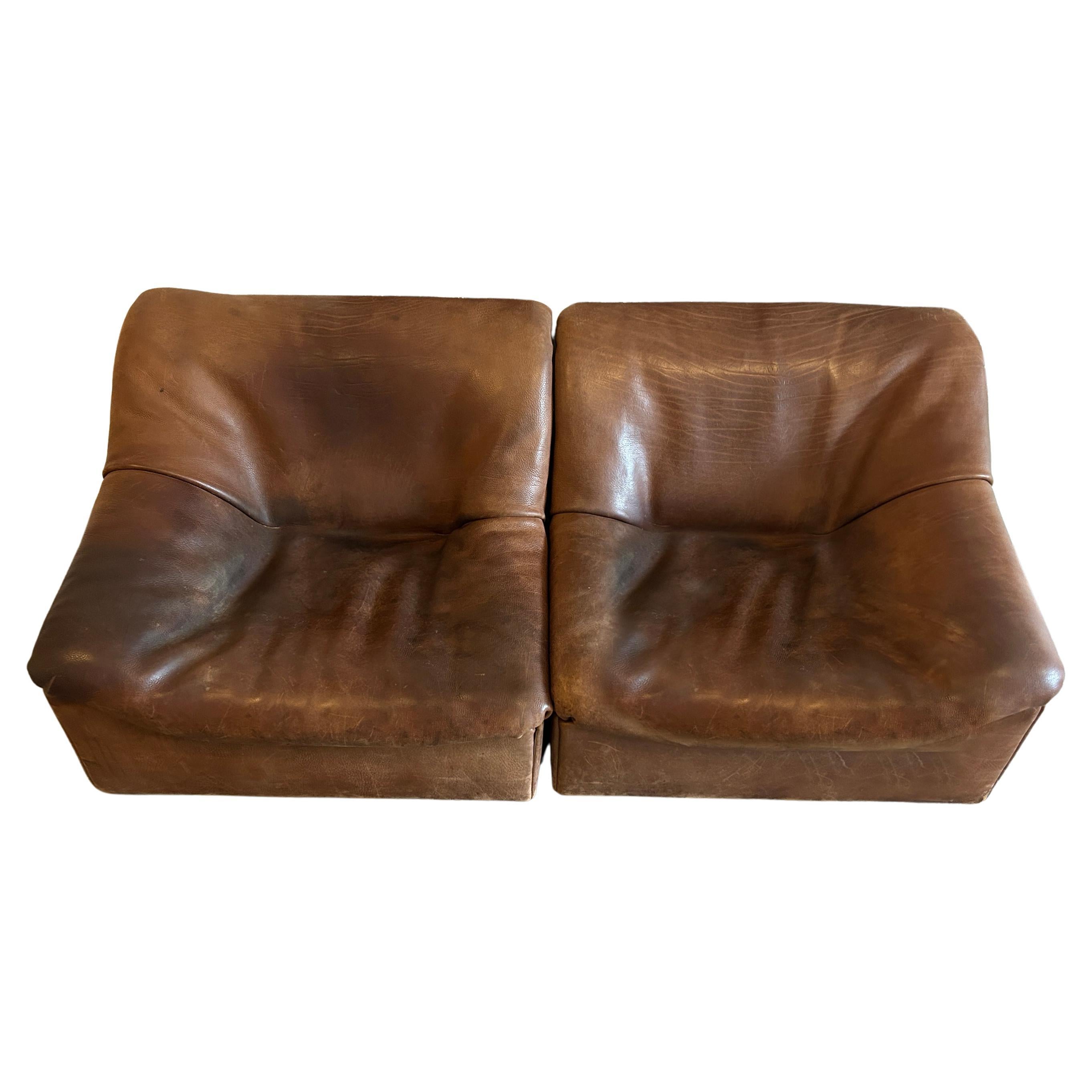 Woodwork Midcentury De Sede Ds46 Loveseat Sofa Cognac Buffalo Leather Switzerland 1970s For Sale