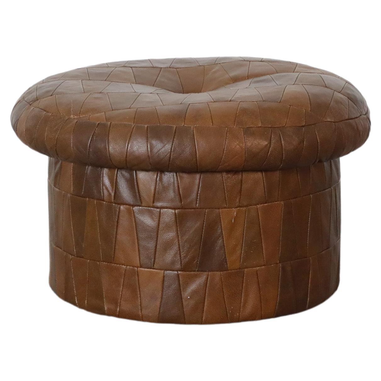 Mid-Century De Sede Inspired Brown Leather Patchwork Ottoman with Lid 
Storage