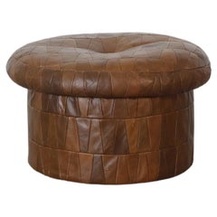 Mid-Century De Sede Inspired Brown Leather Patchwork Ottoman with Lid & Storage