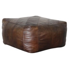 Vintage Mid-Century De Sede Inspired Dark Brown Square Patchwork Leather Ottoman