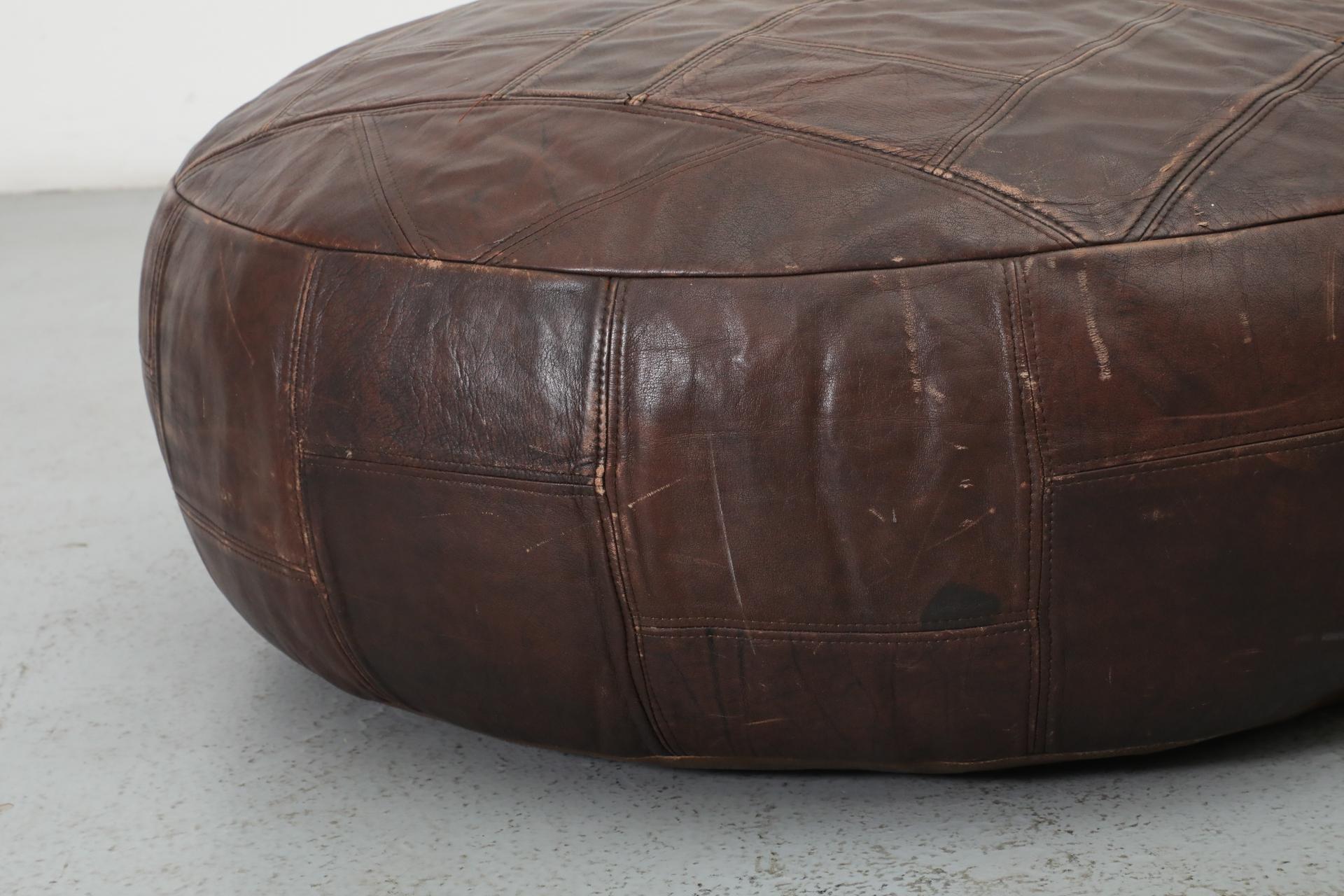 Mid-Century De Sede Inspired Large Brown Leather Patchwork Ottoman 4