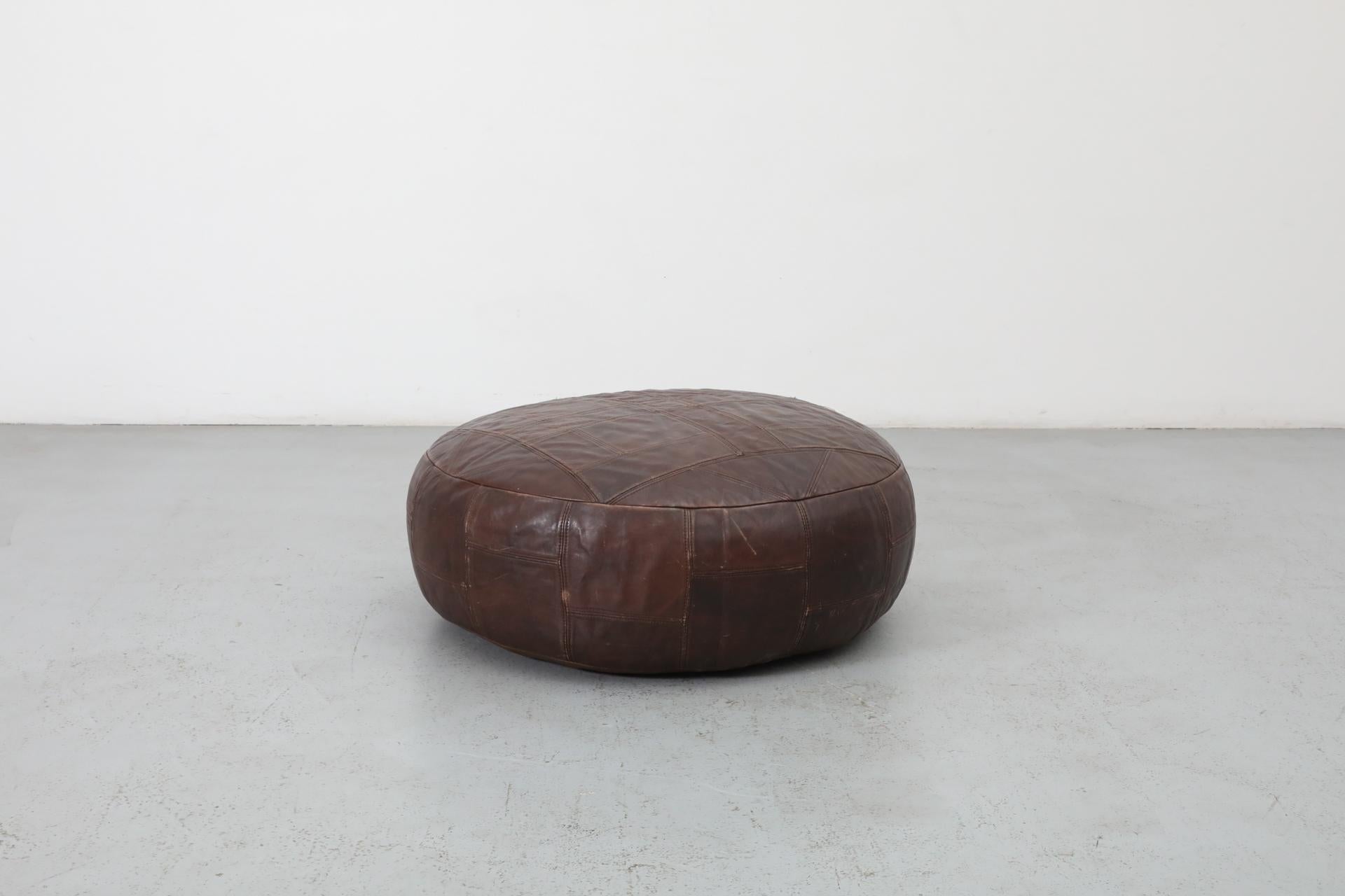 Dutch Mid-Century De Sede Inspired Large Brown Leather Patchwork Ottoman