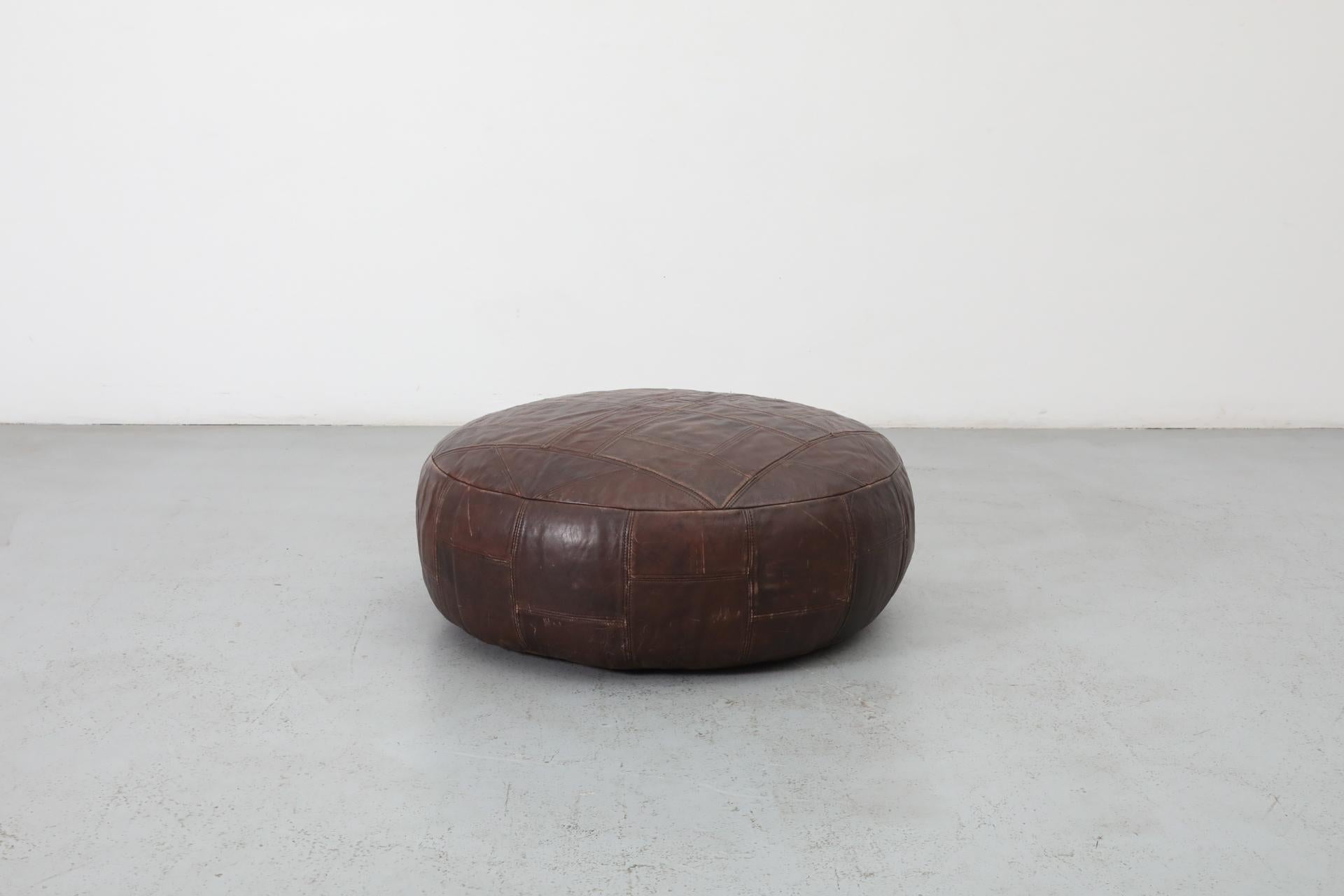 Mid-Century De Sede Inspired Large Brown Leather Patchwork Ottoman In Good Condition In Los Angeles, CA