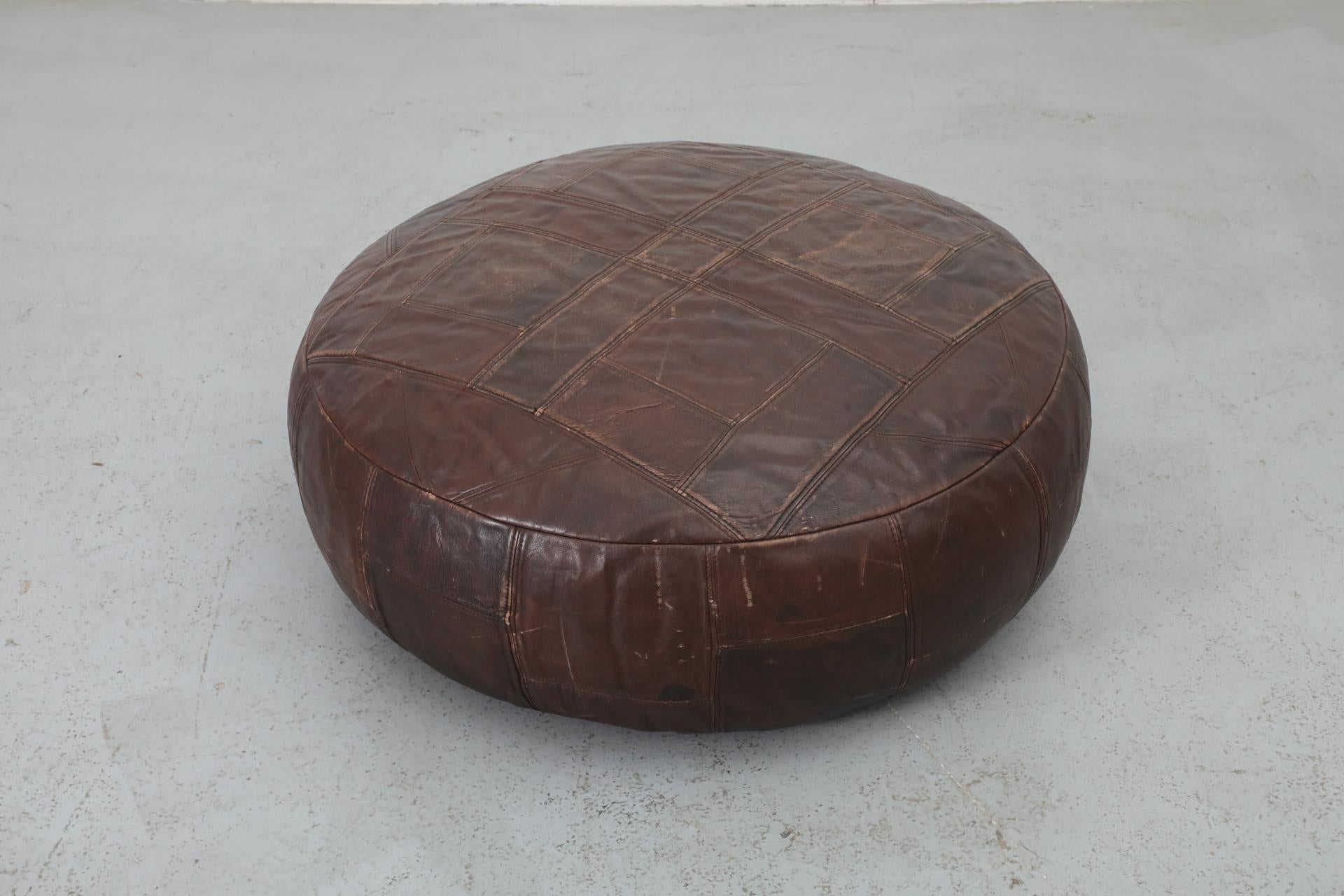 Mid-Century De Sede Inspired Large Brown Leather Patchwork Ottoman 1
