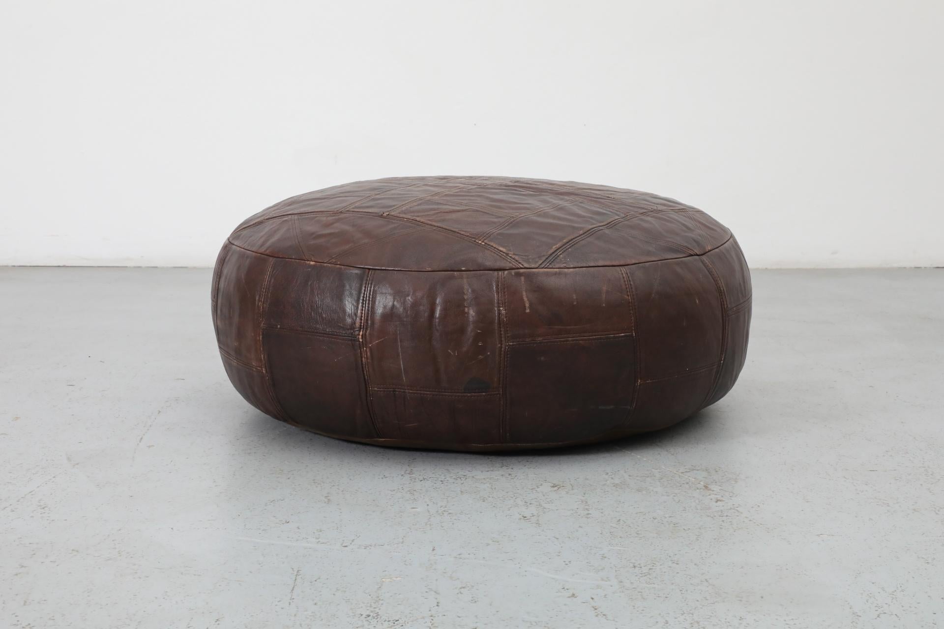Mid-Century De Sede Inspired Large Brown Leather Patchwork Ottoman 2