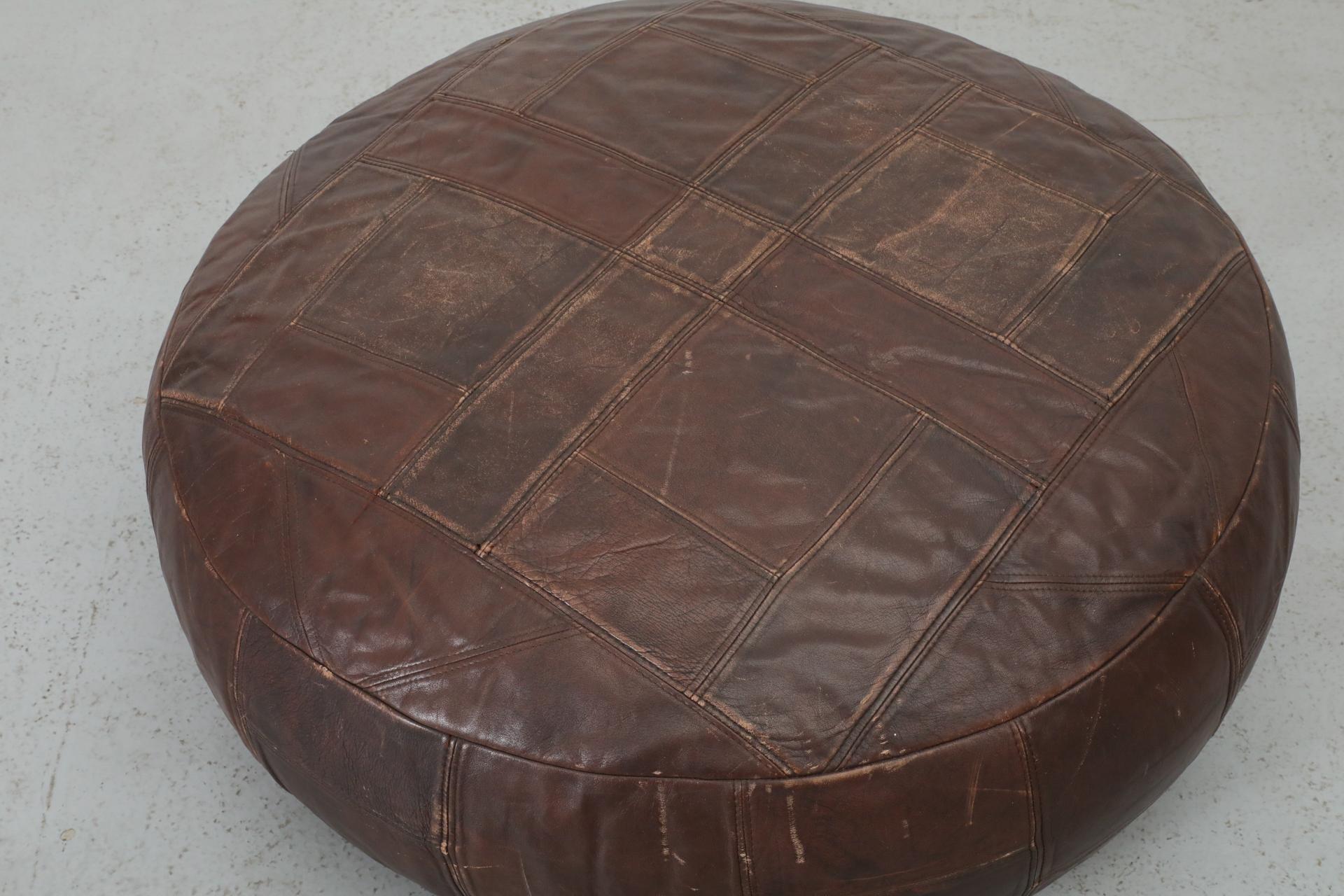 Mid-Century De Sede Inspired Large Brown Leather Patchwork Ottoman 3