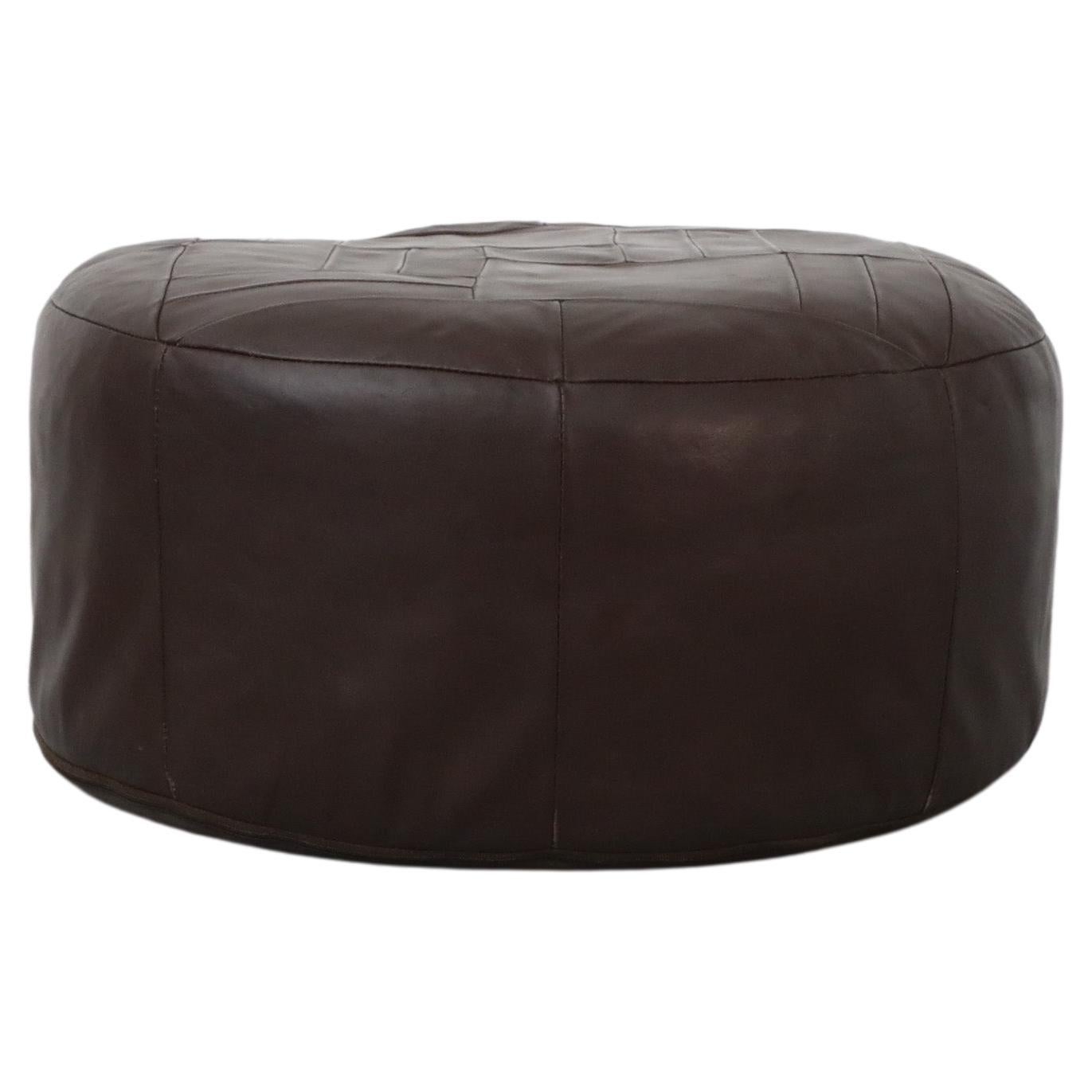 Mid-Century De Sede Inspired Round Chocolate Brown Patchwork Leather Ottoman