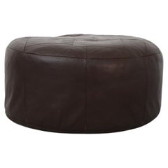 Vintage Mid-Century De Sede Inspired Round Chocolate Brown Patchwork Leather Ottoman