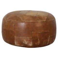 Retro Mid-Century De Sede Inspired Round Natural Light Brown Leather Patchwork Ottoman
