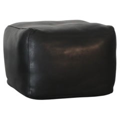 Used Mid-Century De Sede Inspired Square Black Leather Ottoman w/ Fish Stamp Logo