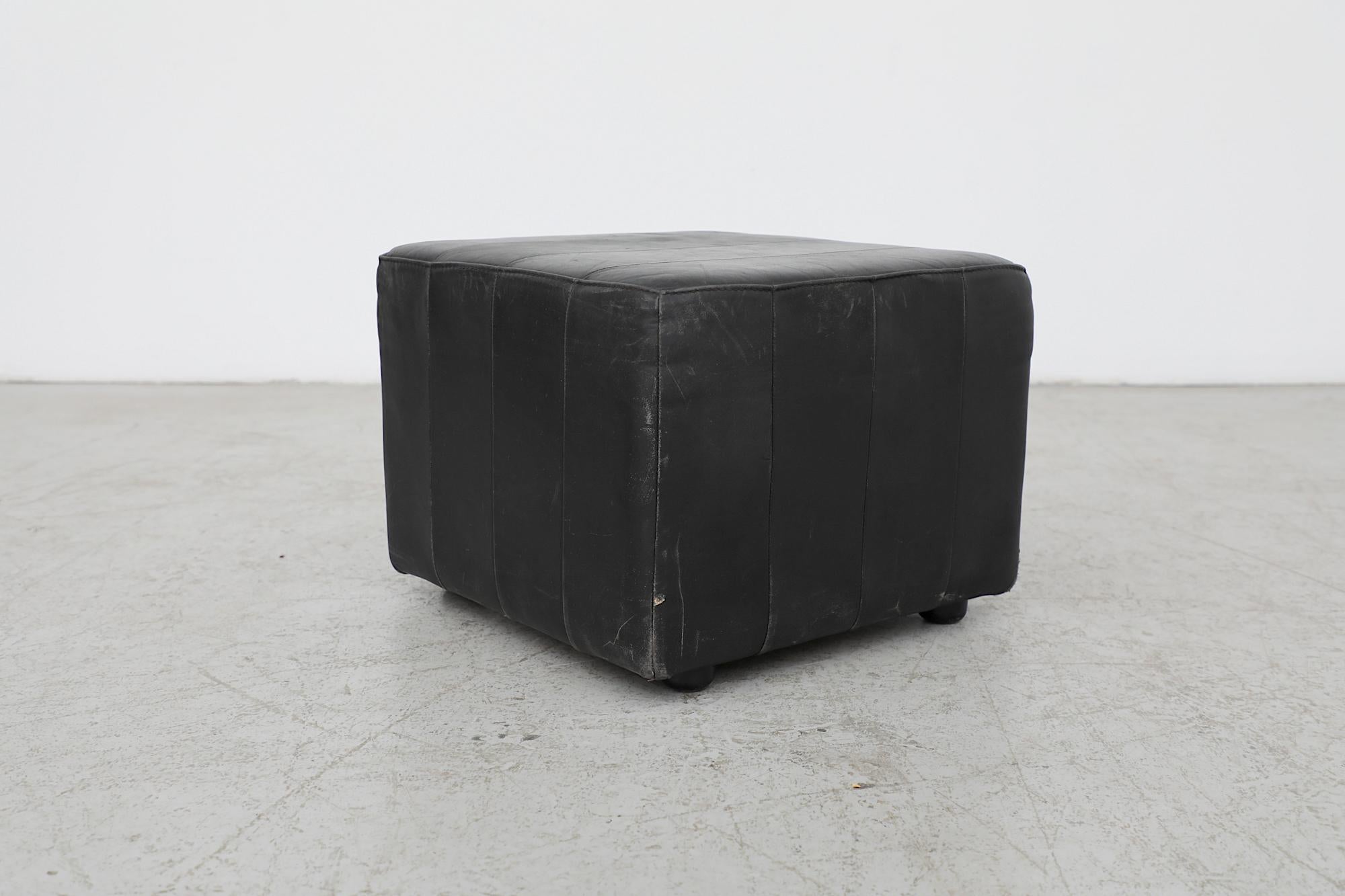 Mid-Century De Sede Style Black Leather Cube Ottoman For Sale 5