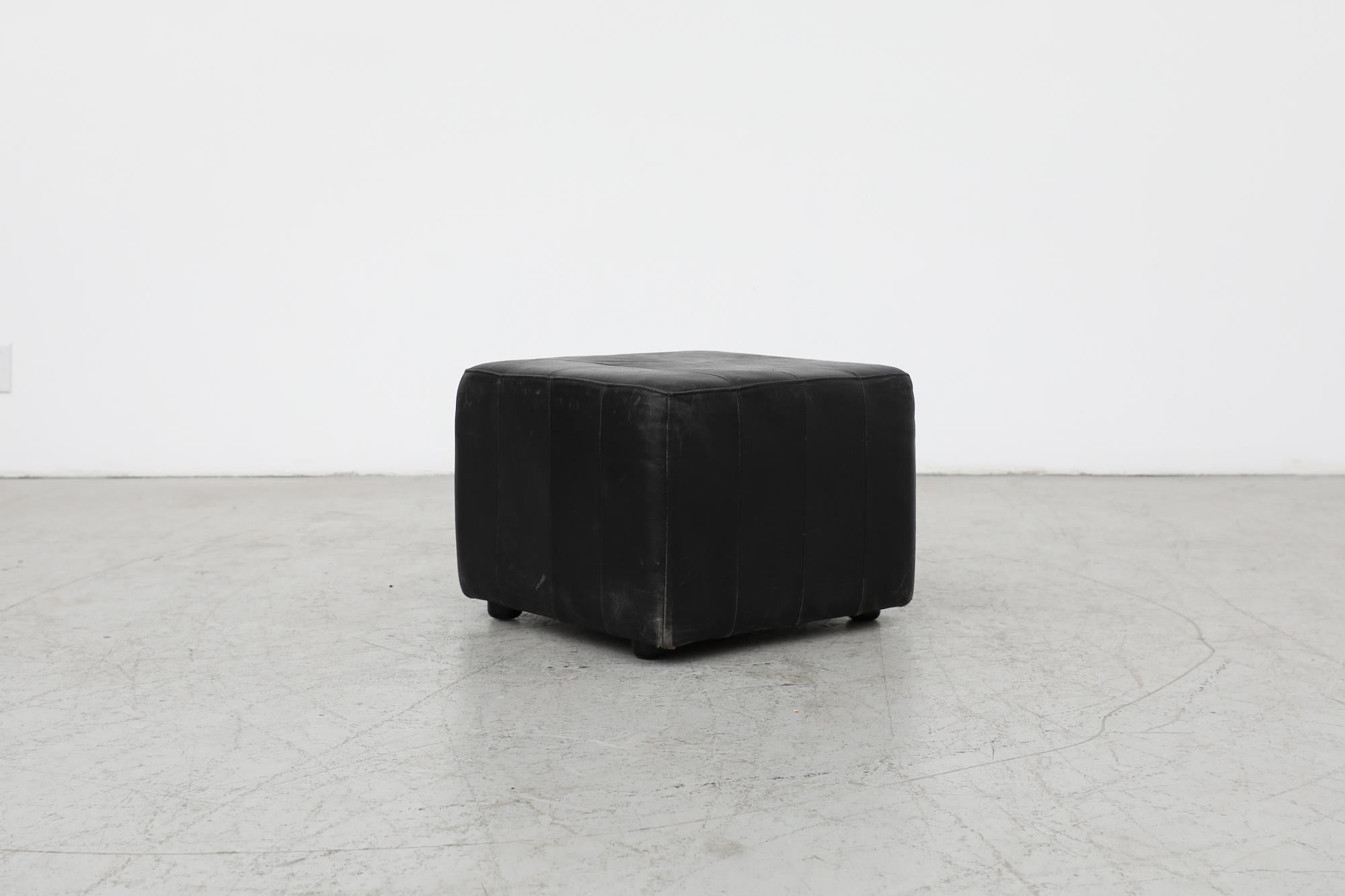 Mid-Century Modern Mid-Century De Sede Style Black Leather Cube Ottoman For Sale