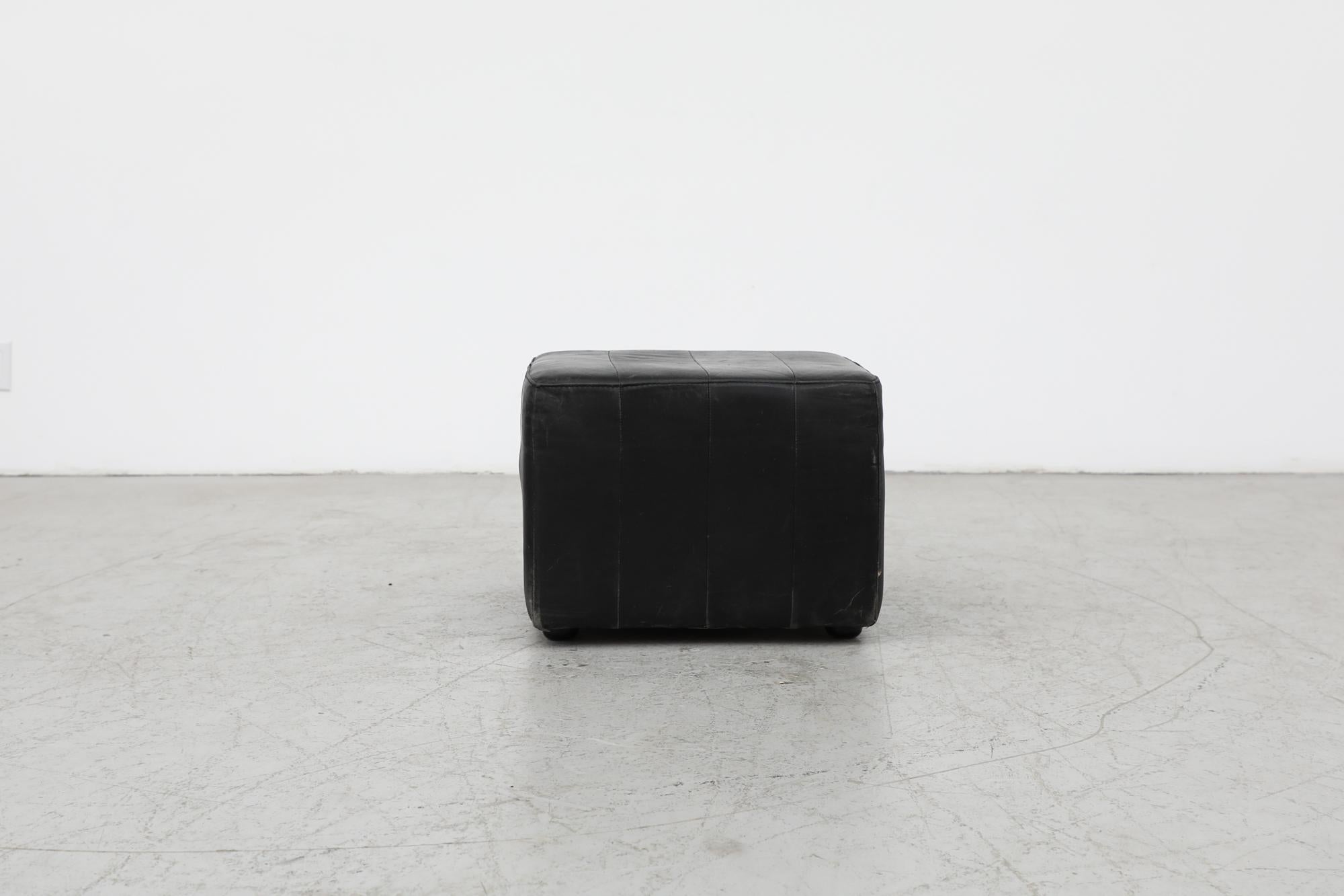 Dutch Mid-Century De Sede Style Black Leather Cube Ottoman For Sale