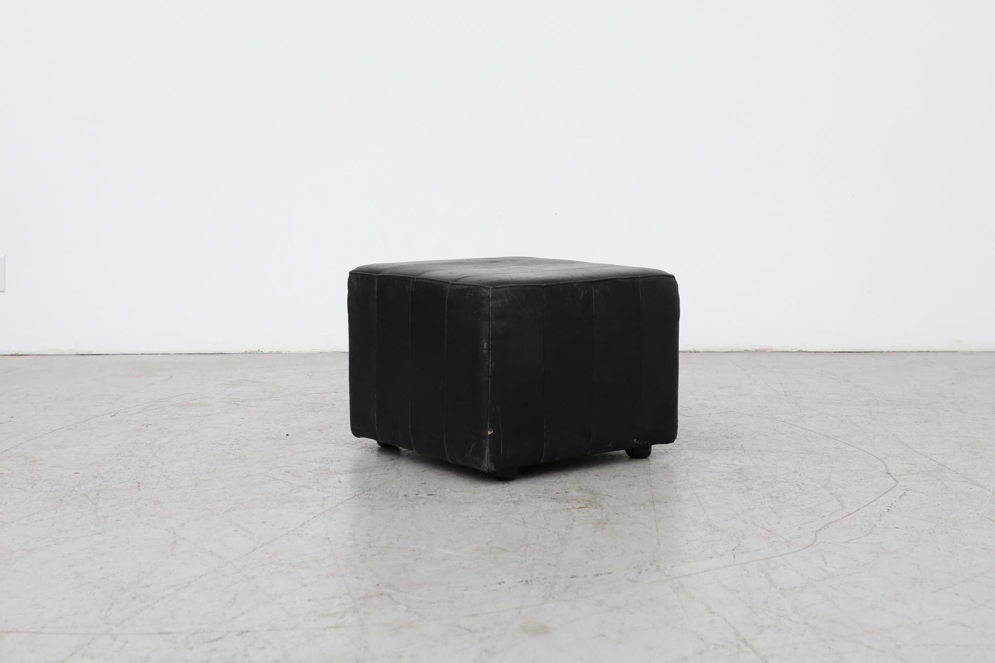 Mid-Century De Sede Style Black Leather Cube Ottoman In Good Condition For Sale In Los Angeles, CA