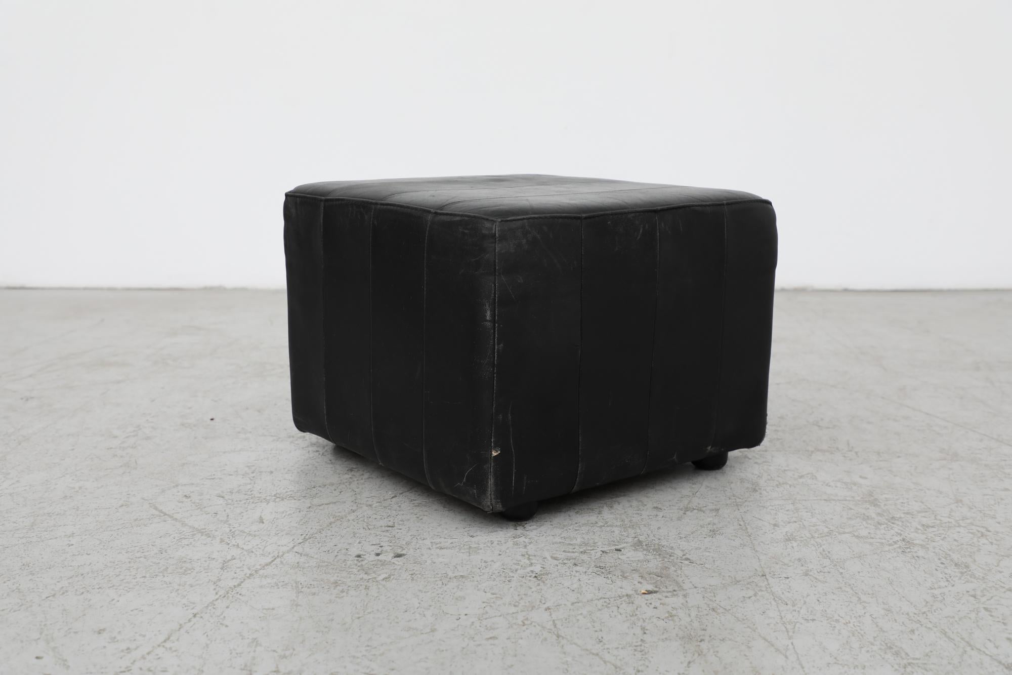 Mid-20th Century Mid-Century De Sede Style Black Leather Cube Ottoman For Sale