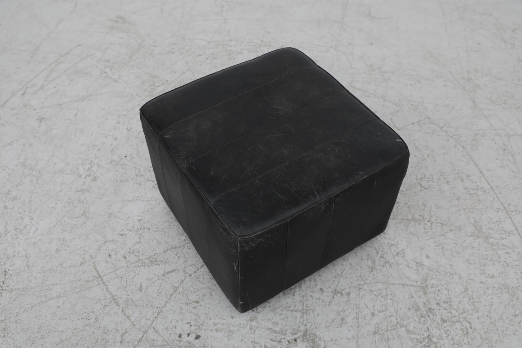Mid-Century De Sede Style Black Leather Cube Ottoman For Sale 1