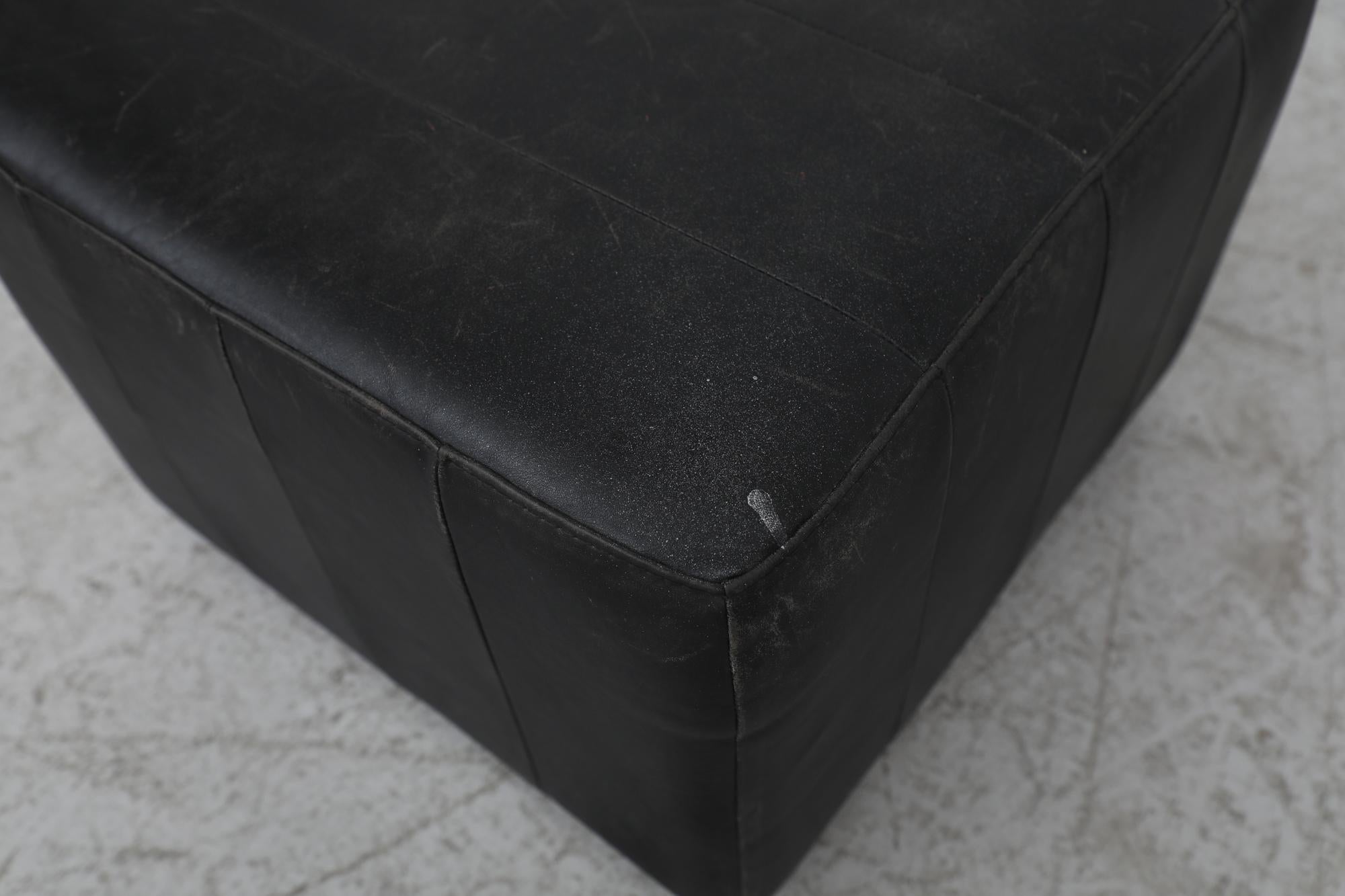 Mid-Century De Sede Style Black Leather Cube Ottoman For Sale 2