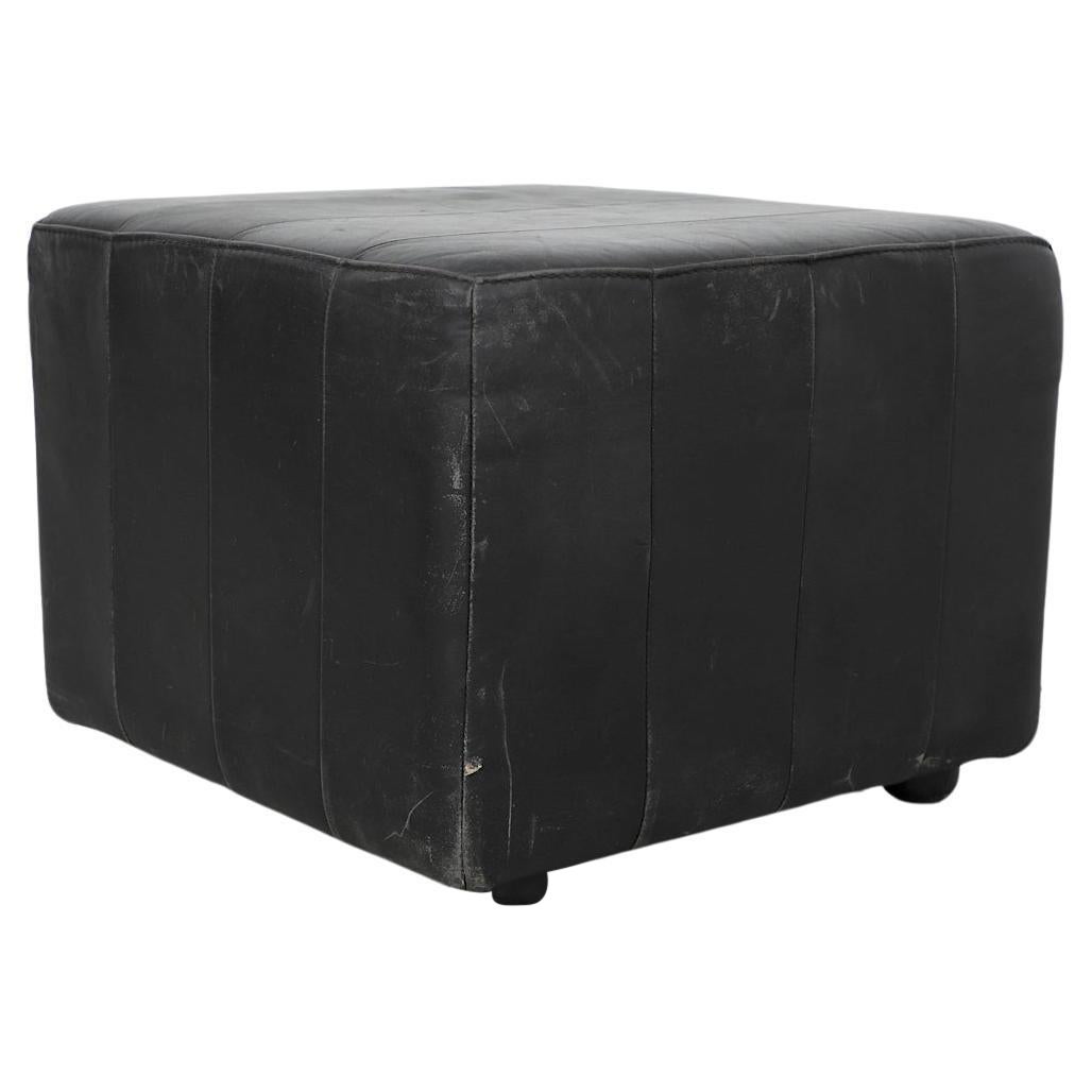 Mid-Century De Sede Style Black Leather Cube Ottoman with Feet