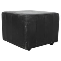 Mid-Century De Sede Style Black Leather Cube Ottoman with Feet