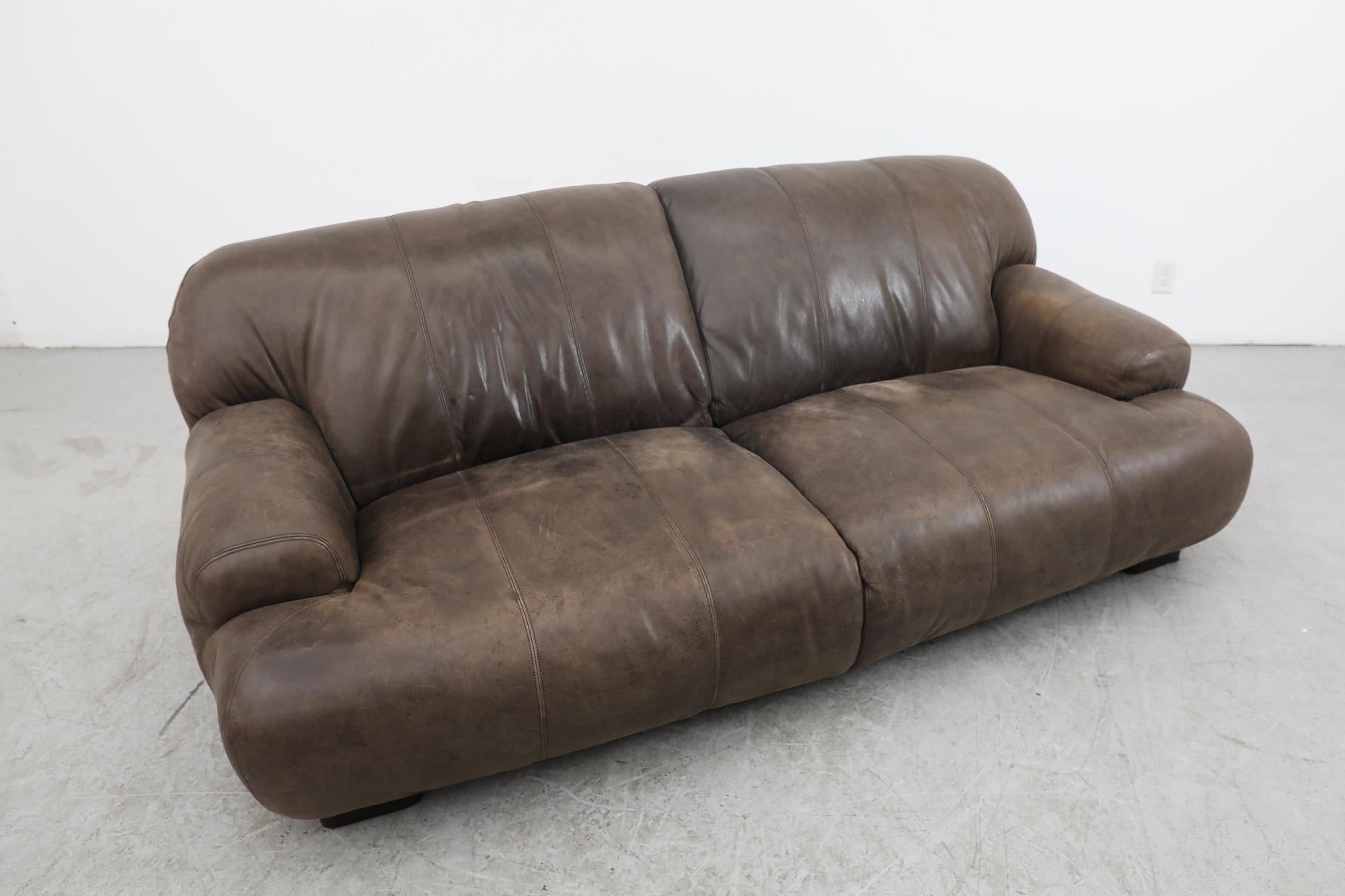 Mid-Century De Sede Style Puffed Brown Leather Sofa 4