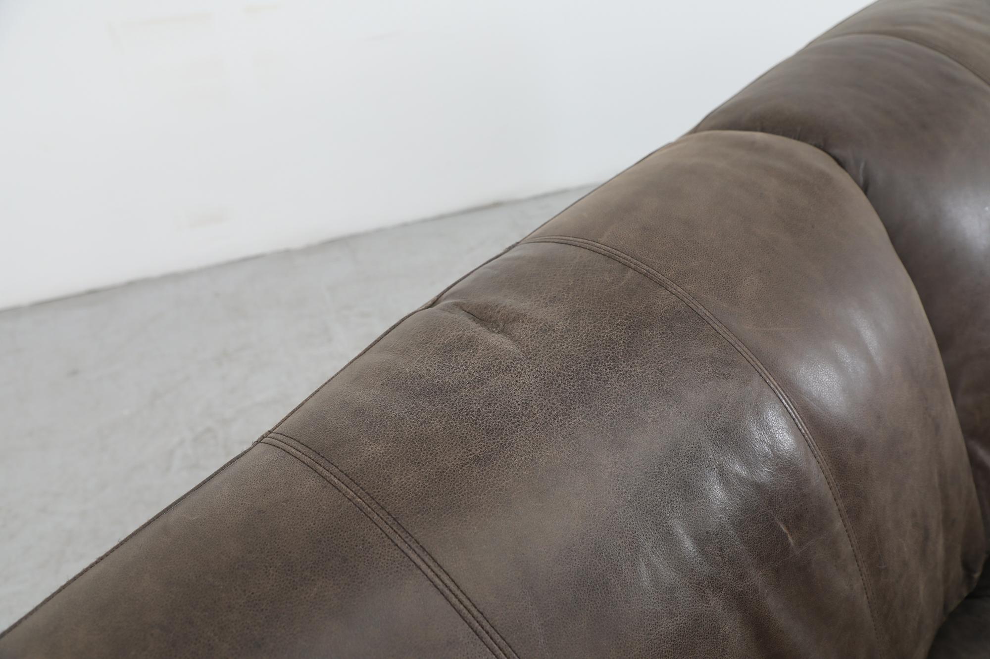 Mid-Century De Sede Style Puffed Brown Leather Sofa 5