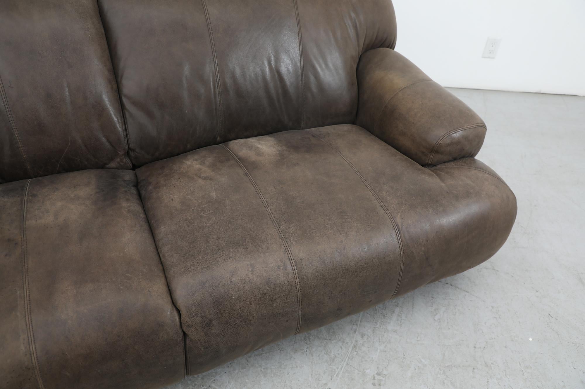 Mid-Century De Sede Style Puffed Brown Leather Sofa 6