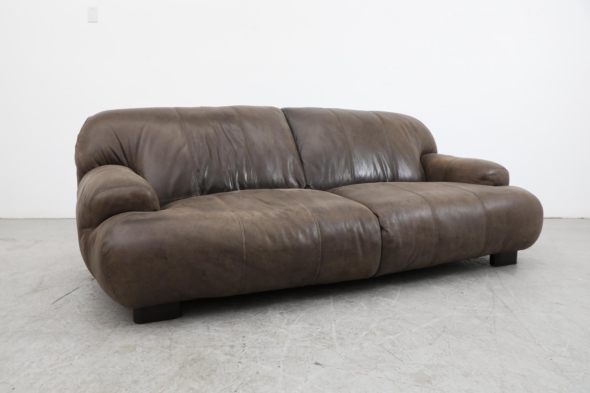 Mid-Century De Sede Style Puffed Brown Leather Sofa 7