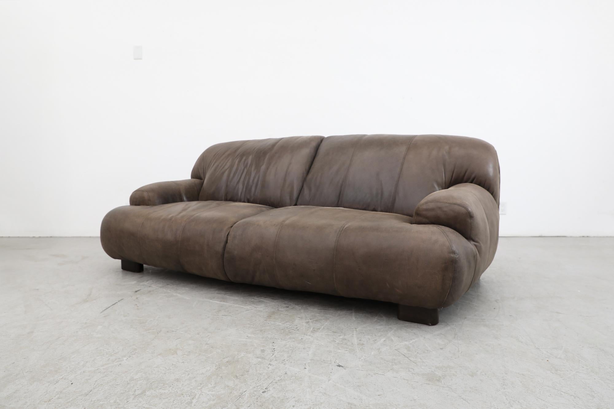 Mid-Century Modern Mid-Century De Sede Style Puffed Brown Leather Sofa