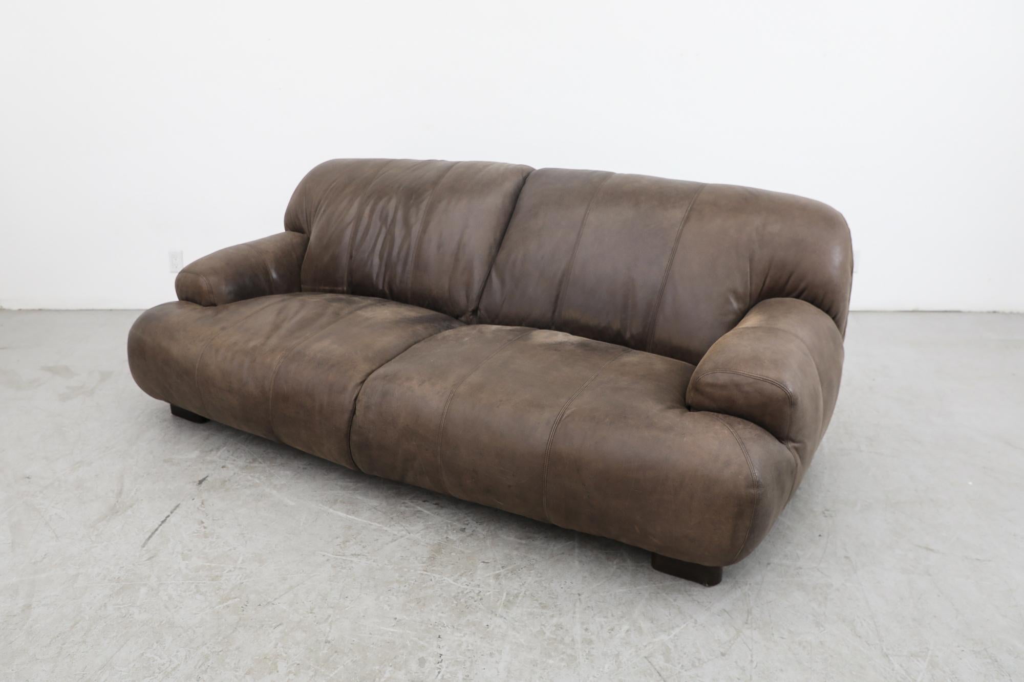 Dutch Mid-Century De Sede Style Puffed Brown Leather Sofa