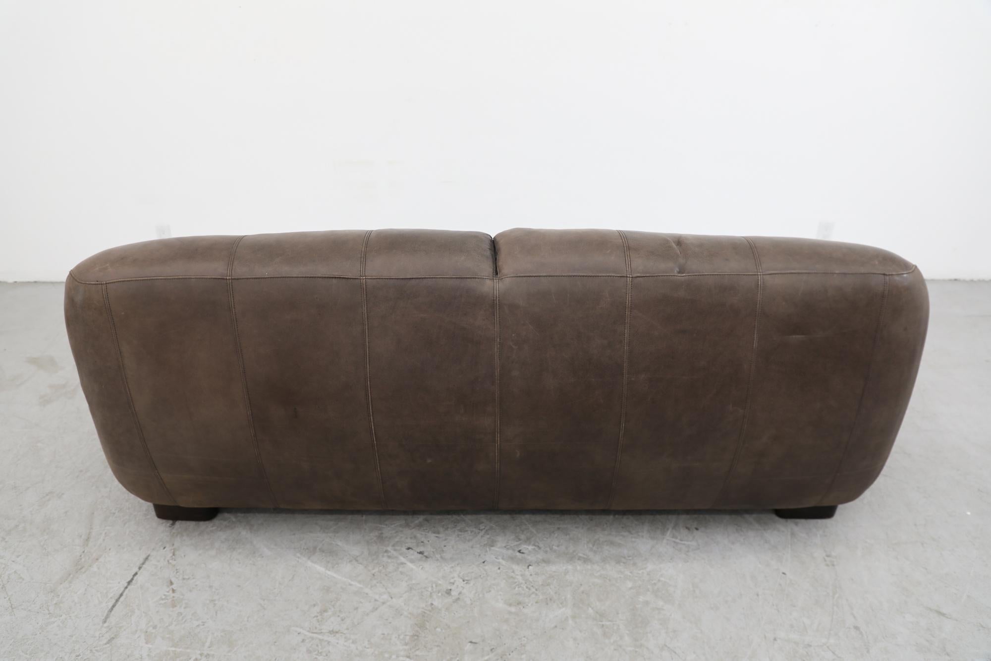 Mid-Century De Sede Style Puffed Brown Leather Sofa 2