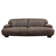 Mid-Century De Sede Style Puffed Brown Leather Sofa