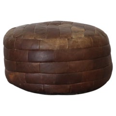 Vintage Mid-Century De Sede Style Round Brown Leather Patchwork Pouf