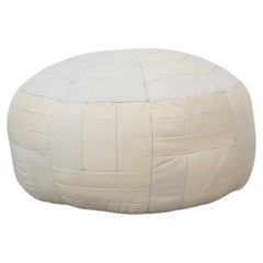 Mid-Century de Sede Style Round White Leather Patchwork Pouf