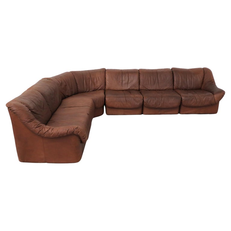 tobacco leather sectional Mid-Century De Sede Style 5 Piece Tobacco Leather Modular Sectional Sofa at  1stDibs