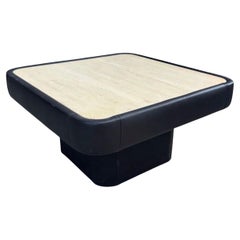Mid century De sede travertine and Brown leather coffee table