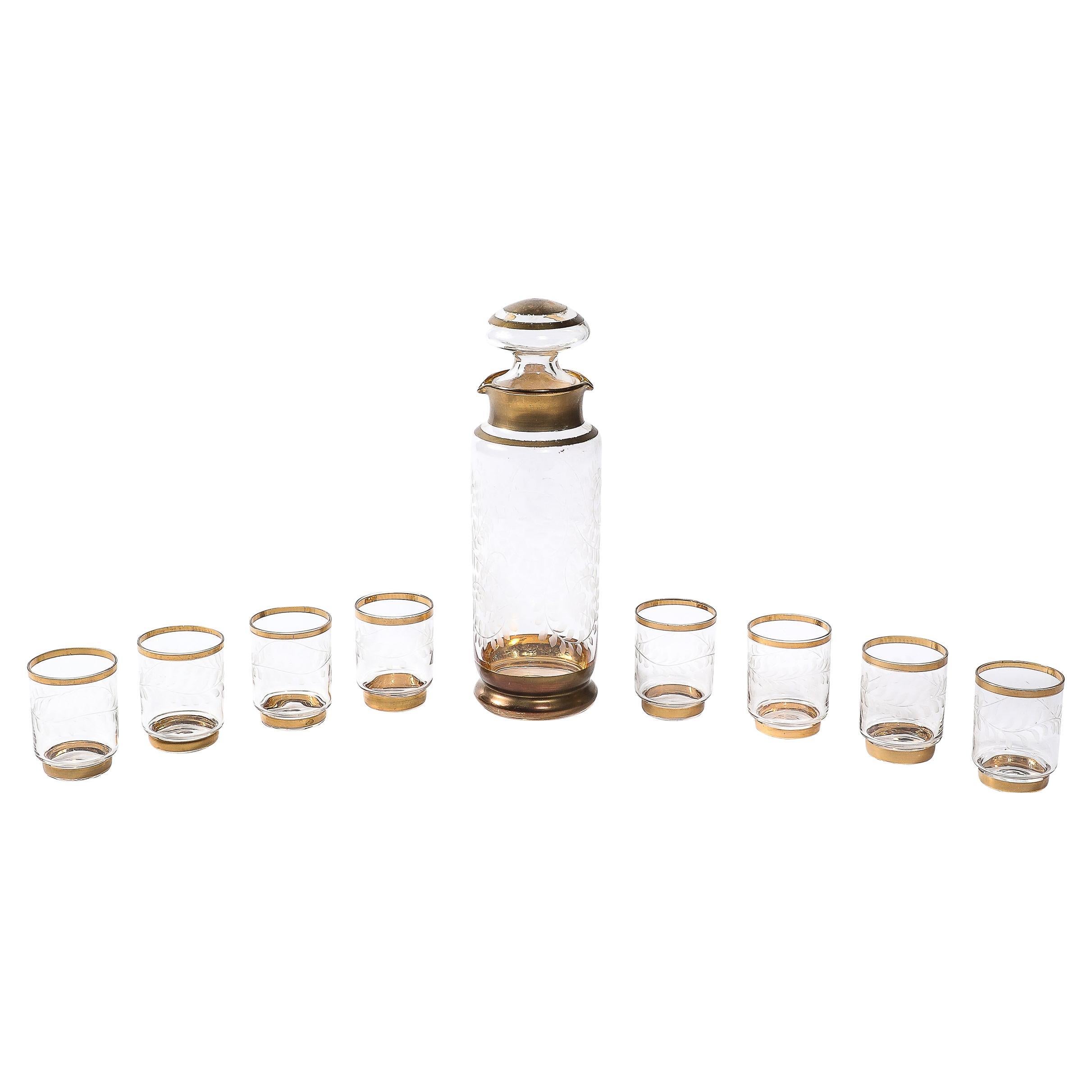 Mid Century Decanter Set with Six Glasses in Gilt Detailing and Etched Glass