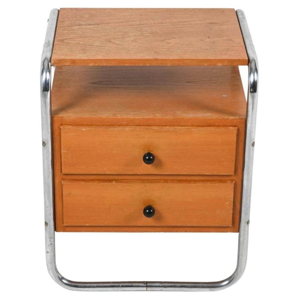 German Mid century Deco Bauhaus chrome 2 drawer oak nightstand