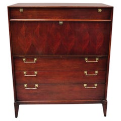 Mid Century Deco Mahogany Inlay Tall Chest Dresser with Fall Front Writing Desk