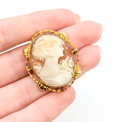 Mid-Century Deco Revival Shell Cameo Brooch in 10k Yellow Gold
