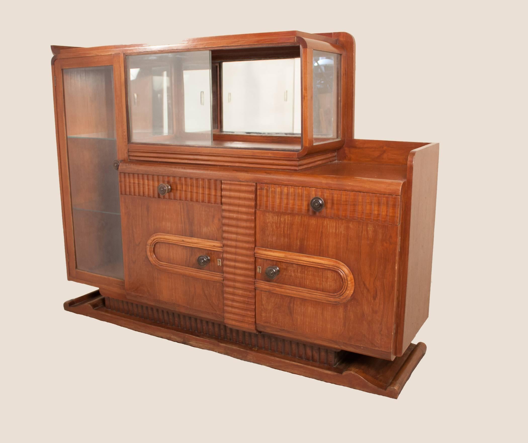 Art Deco Midcentury Deco Teak Wood and Glass Mirrored Buffet