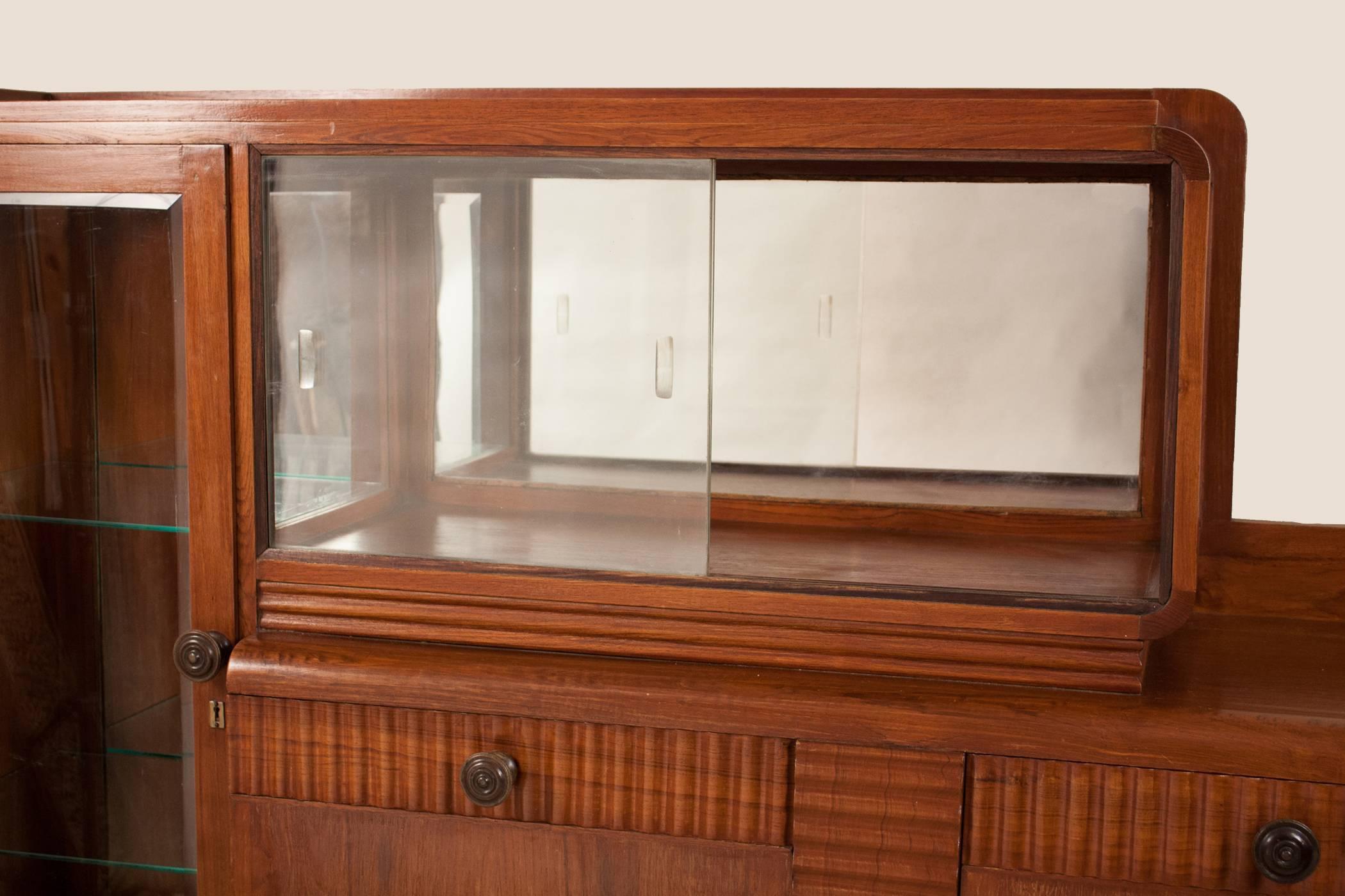 Indian Midcentury Deco Teak Wood and Glass Mirrored Buffet