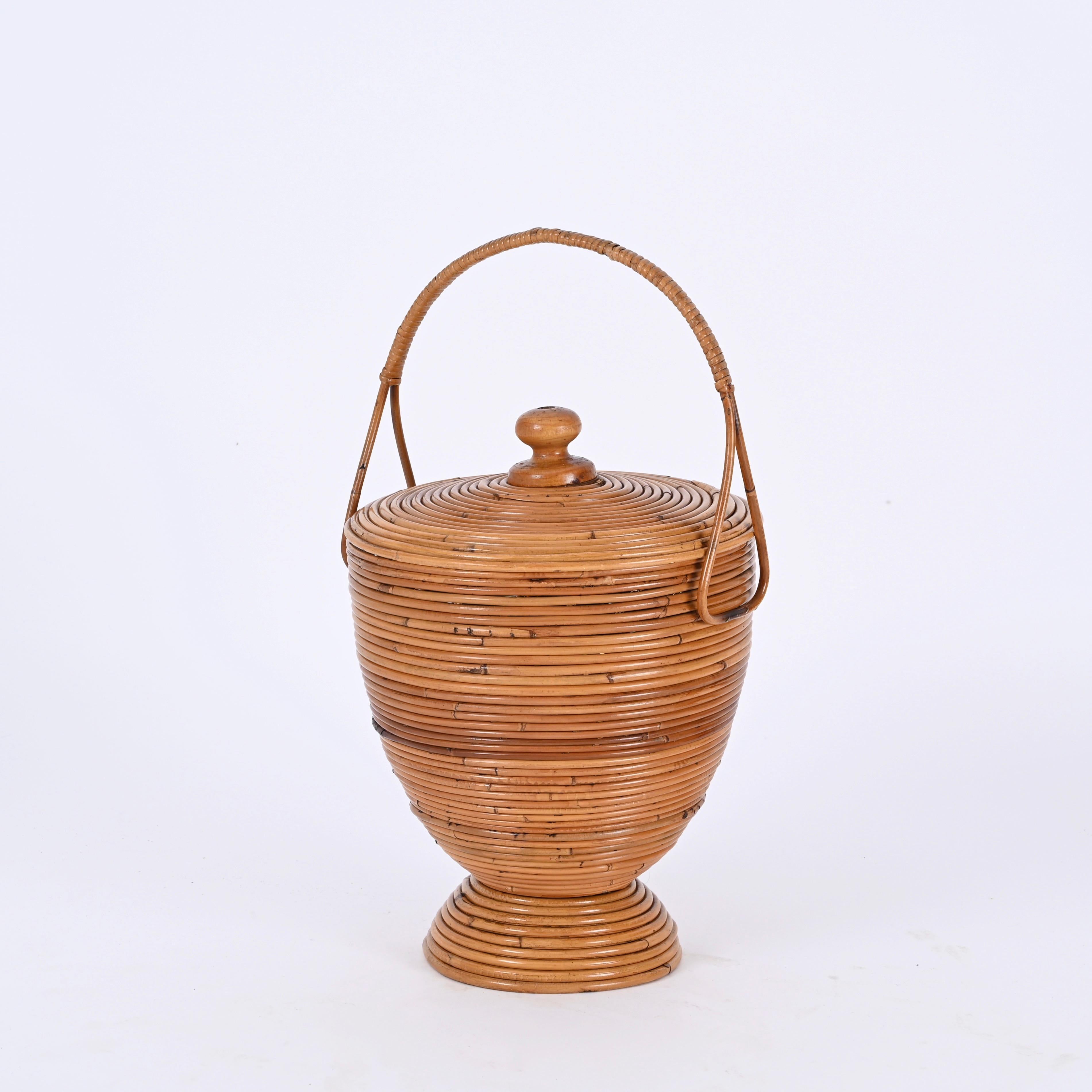 Mid-Century Decorative Basket in Rattan and Wicker by Vivai del Sud, Italy 1970s For Sale 3