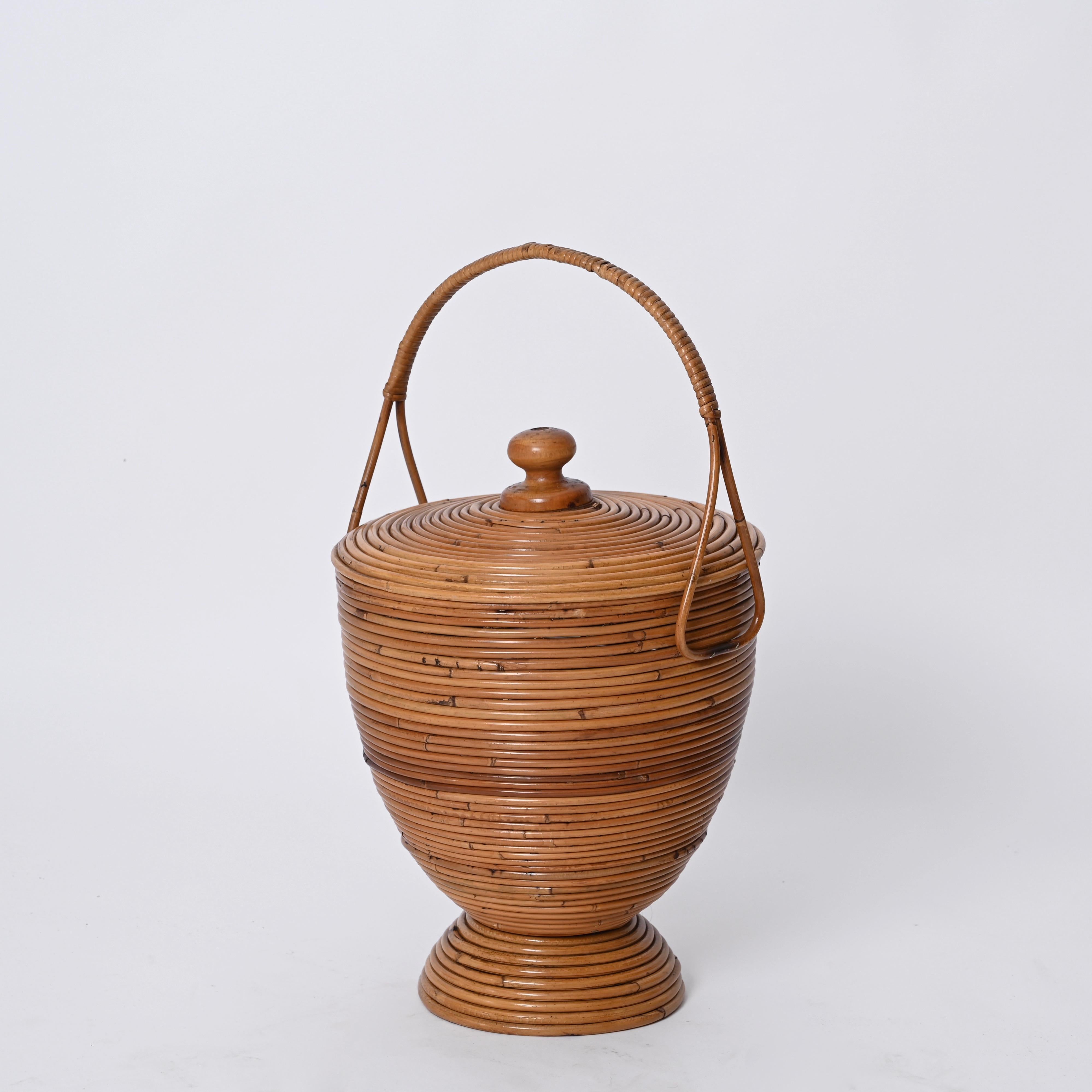 20th Century Mid-Century Decorative Basket in Rattan and Wicker by Vivai del Sud, Italy 1970s For Sale