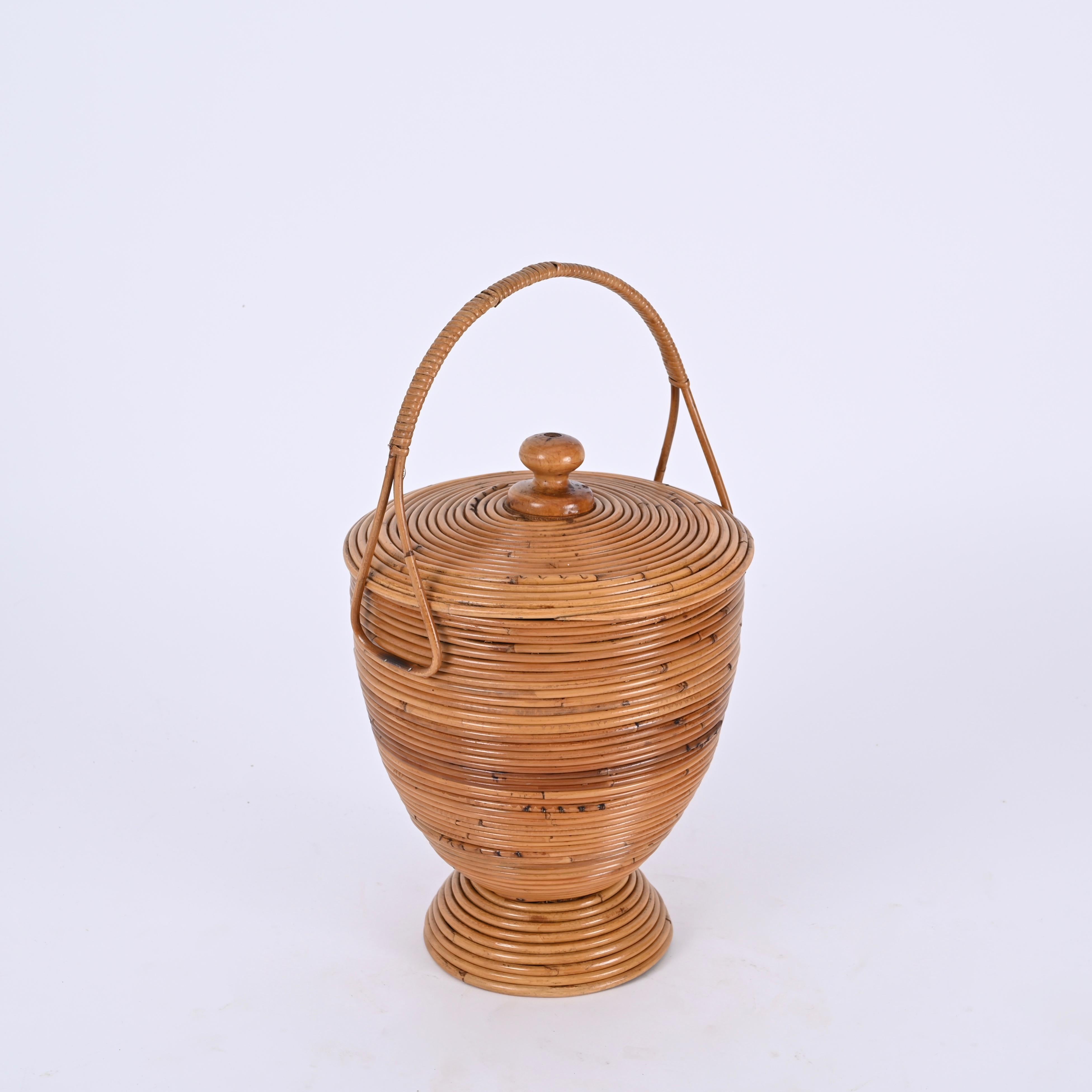Mid-Century Decorative Basket in Rattan and Wicker by Vivai del Sud, Italy 1970s For Sale 2