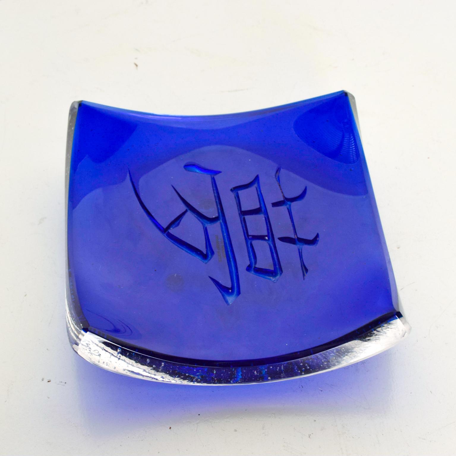 Midcentury Decorative Blue Glass Dish Signed Salvatore Polizzi 1