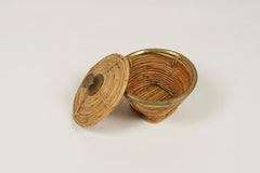 Mid-Century Decorative Bowl Box in Rattan and Brass, Italy 1970s