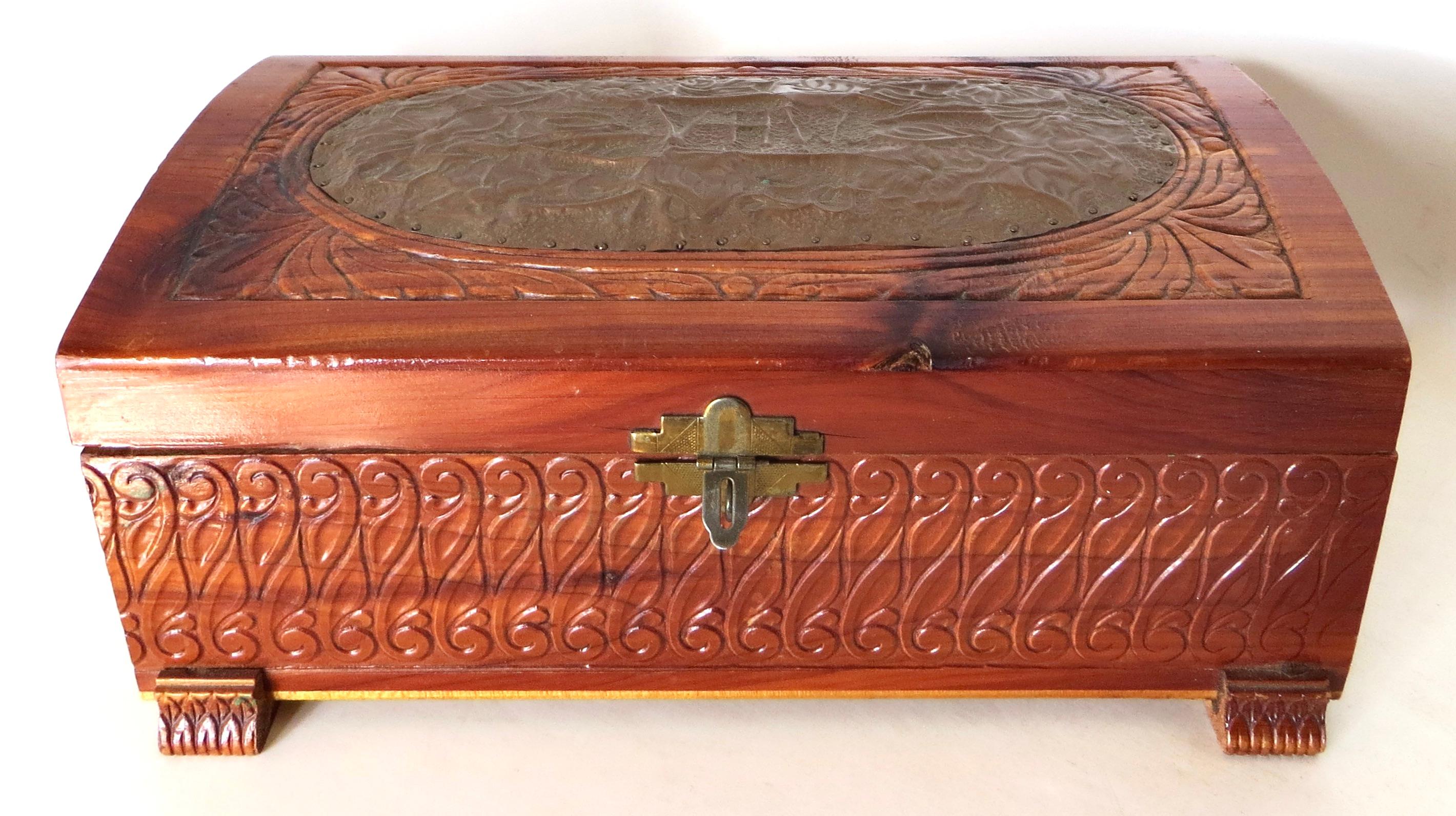 Wood Mid Century Decorative Carved Valuables Box  For Sale