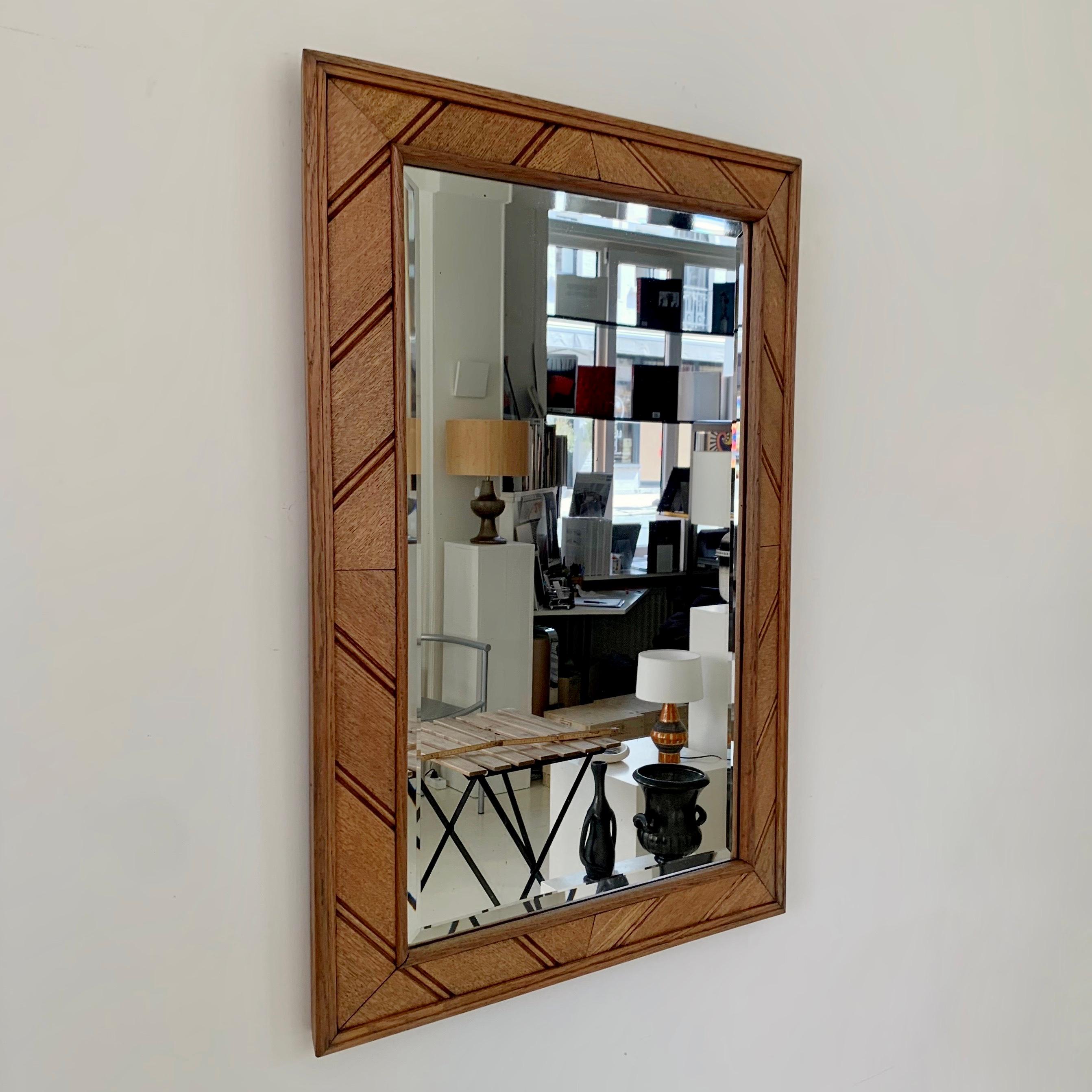 French Mid-Century Decorative Oak Mirror, circa 1950, France. For Sale
