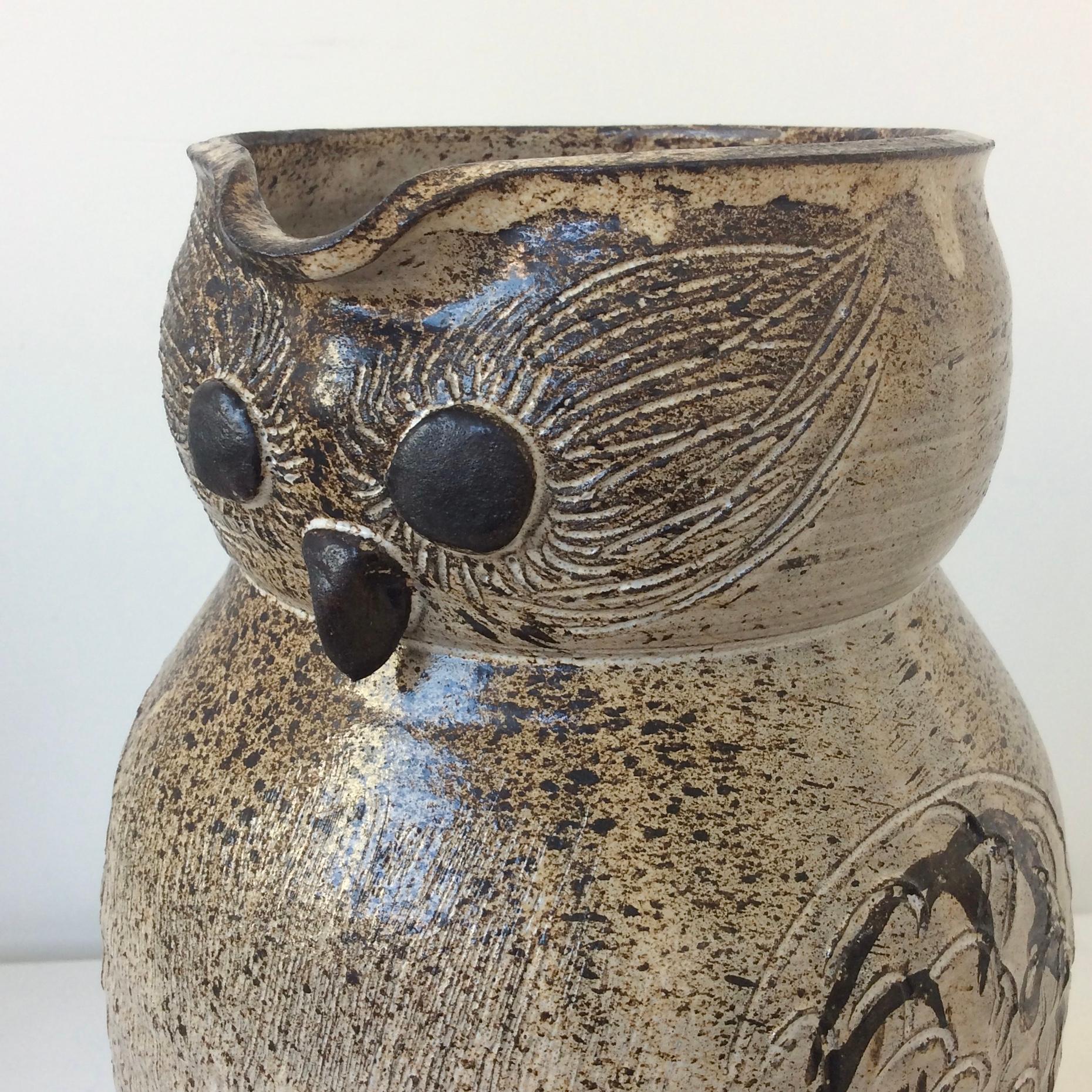 Enameled Mid-Century Decorative Owl Ceramic Jug, Signed, circa 1960